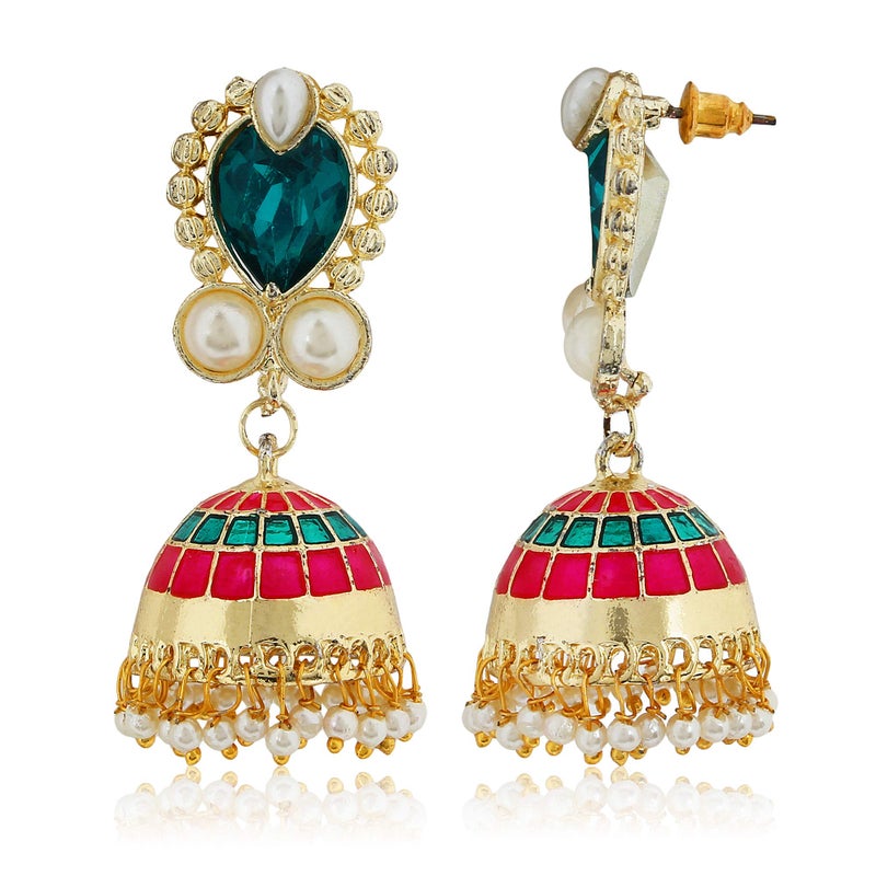 Moonstruck Traditional Indian Minakari Jhumka Earrings for Women â€“ Gold-Tone Dome Earrings with Pink & Green Stones, Off-White Pearls for Weddings, Parties, and Ethnic Wear - Image 3